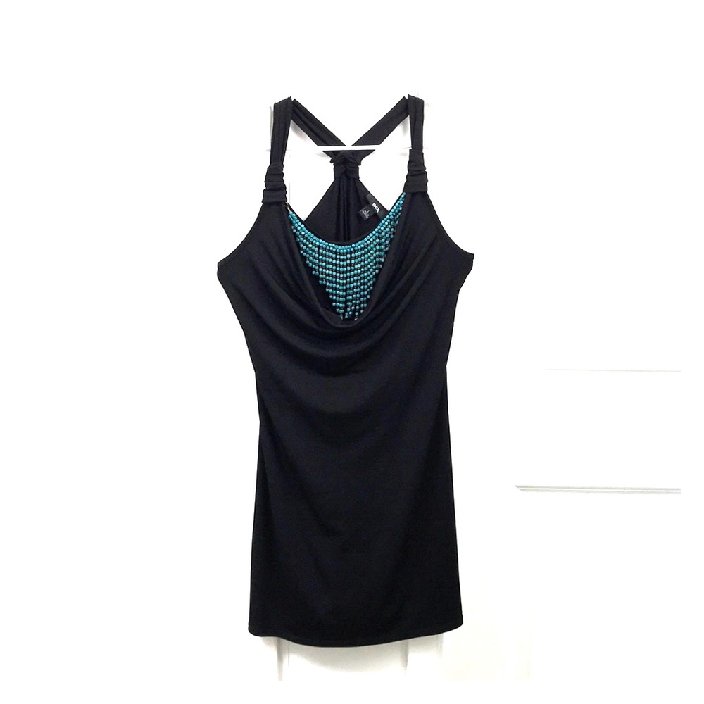 Black Mini Dress w/ Draped Neck & Beaded Accents